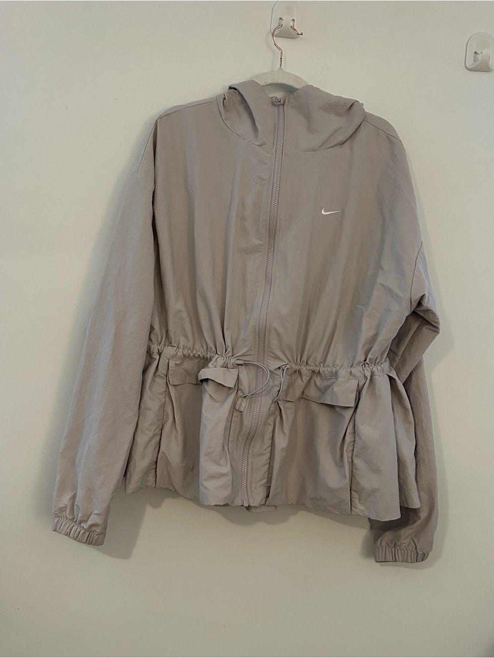 Nike Taupe Pink Nylon Hooded Zip Windbreaker Jacket Adjustable Waist SIZE LARGE